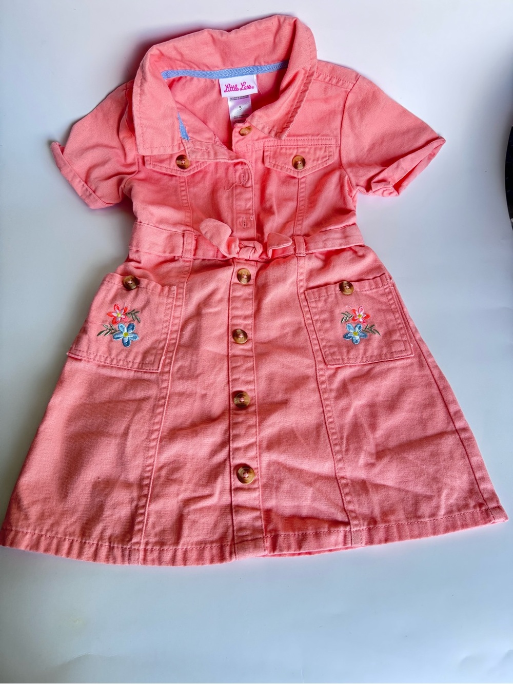 Little Lass Coral Pink Button-Front Dress with Embroidered Pockets